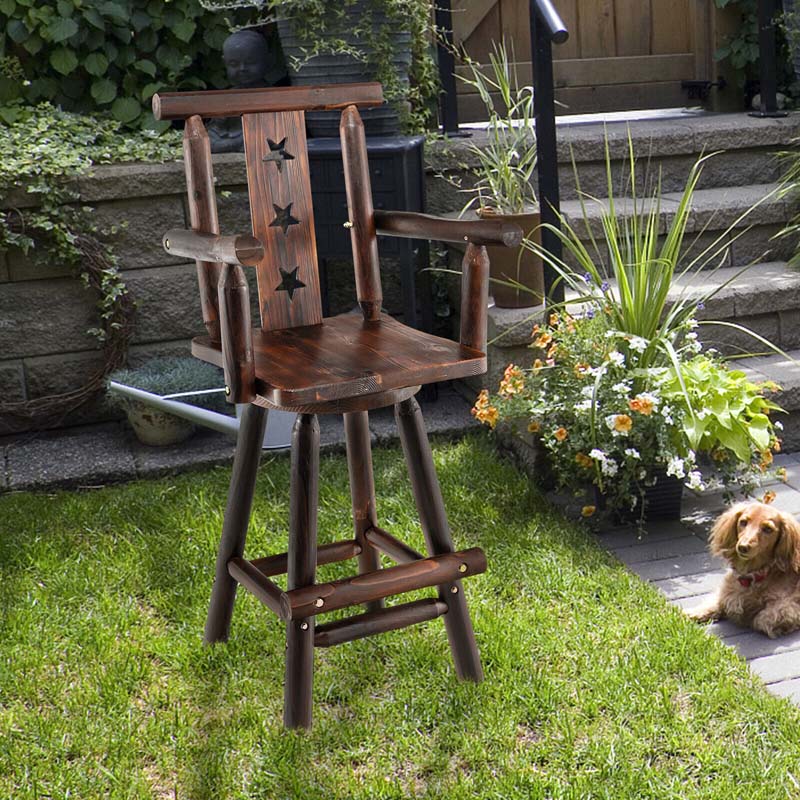 29" Rustic Swivel Bar Stool with Decorative Star Backrest, Solid Fir Wood Bar Chair for Dining Room Kitchen Pub