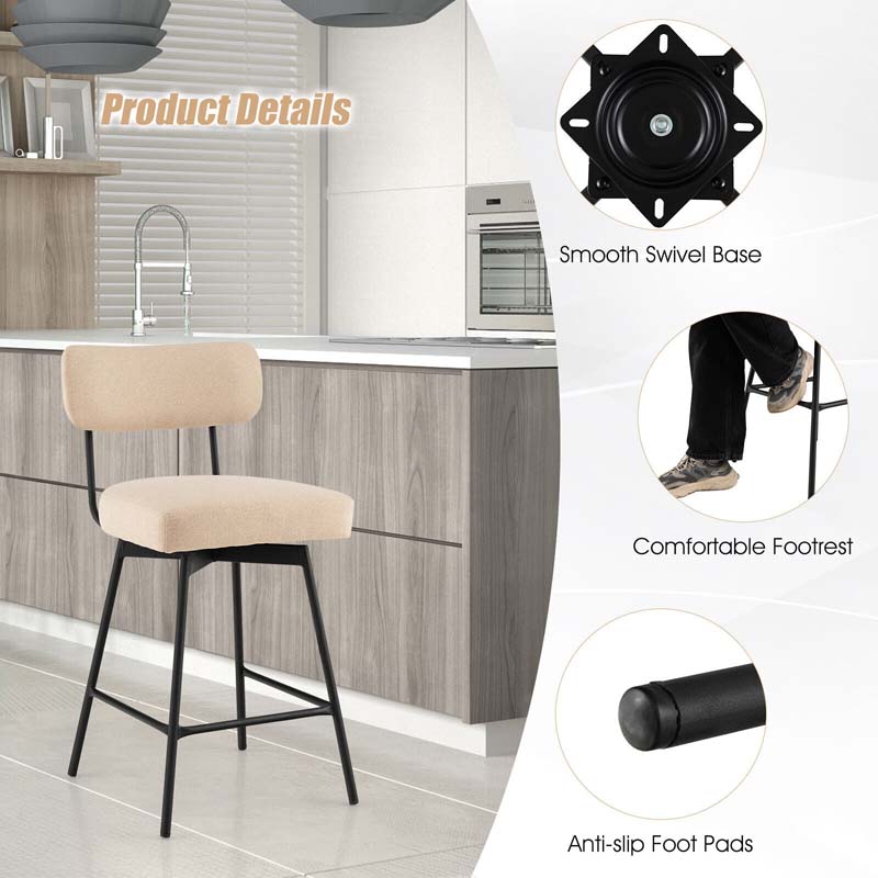 2 Pcs 360° Swivel Bar Stools 25" Upholstered Bar Height Dining Chairs with Back, Metal Legs & Footrests