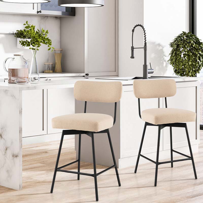 2 Pcs 360° Swivel Bar Stools 25" Upholstered Bar Height Dining Chairs with Back, Metal Legs & Footrests