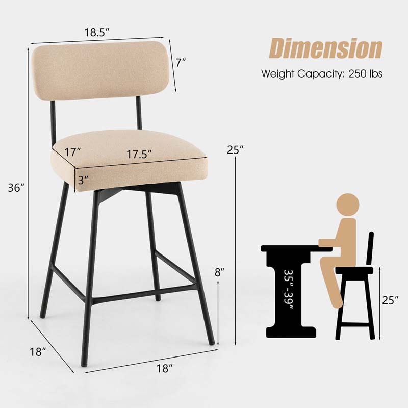 2 Pcs 360° Swivel Bar Stools 25" Upholstered Bar Height Dining Chairs with Back, Metal Legs & Footrests