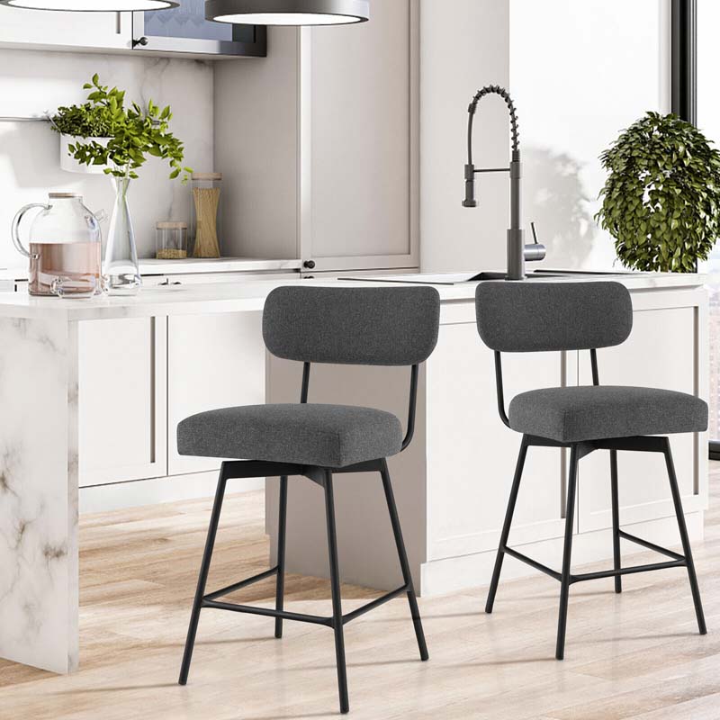 2 Pcs 360° Swivel Bar Stools 25" Upholstered Bar Height Dining Chairs with Back, Metal Legs & Footrests