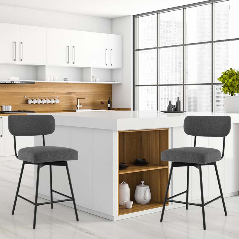 2 Pcs 360° Swivel Bar Stools 25" Upholstered Bar Height Dining Chairs with Back, Metal Legs & Footrests