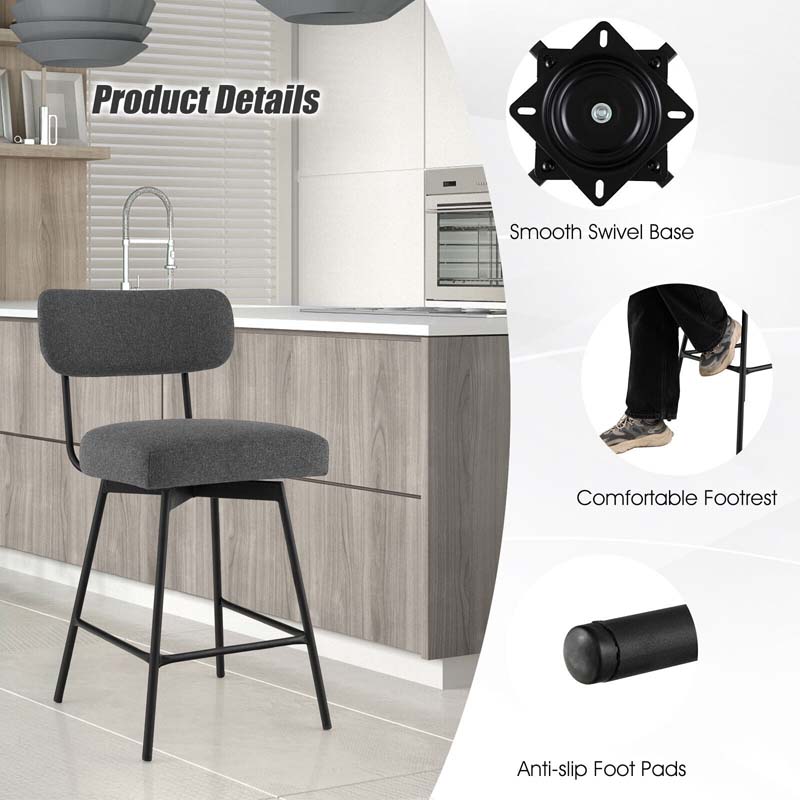 2 Pcs 360° Swivel Bar Stools 25" Upholstered Bar Height Dining Chairs with Back, Metal Legs & Footrests