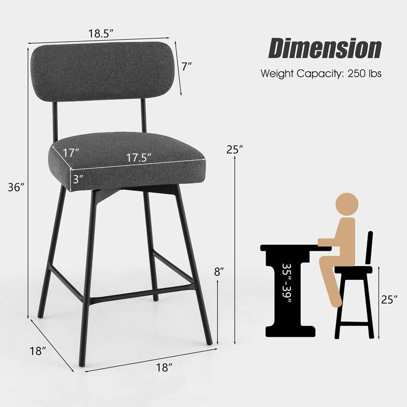 2 Pcs 360° Swivel Bar Stools 25" Upholstered Bar Height Dining Chairs with Back, Metal Legs & Footrests