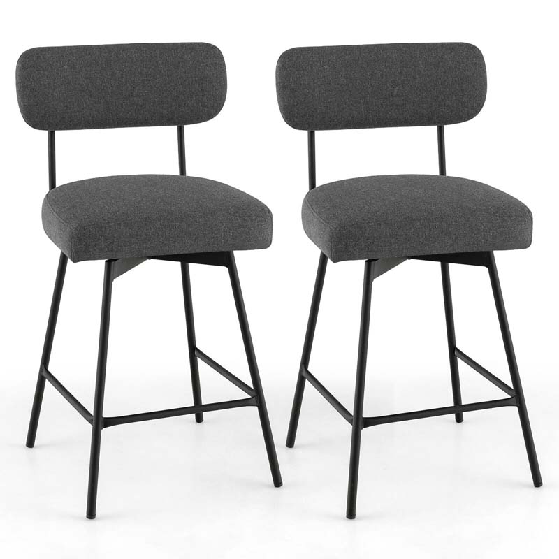 2 Pcs 360° Swivel Bar Stools 25" Upholstered Bar Height Dining Chairs with Back, Metal Legs & Footrests