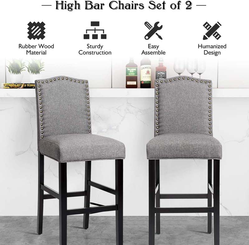 2-Pack 30" Bar Stools with Nailhead Trim, Fabric Counter Height Stools, Kitchen Dining Chairs