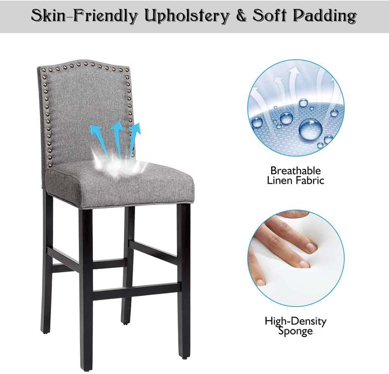 2-Pack 30" Bar Stools with Nailhead Trim, Fabric Counter Height Stools, Kitchen Dining Chairs