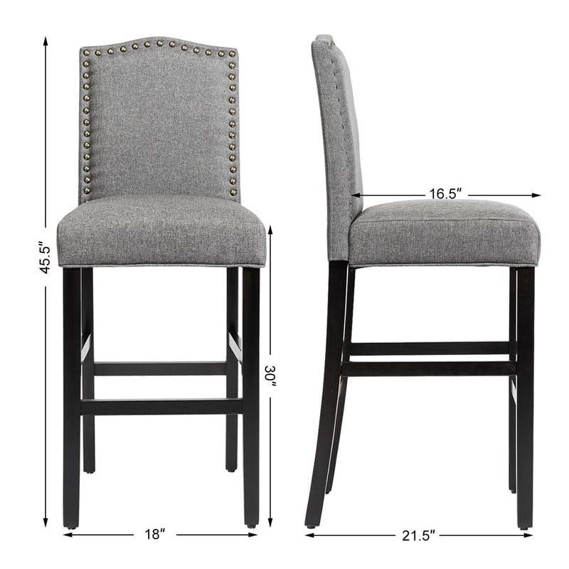 2-Pack 30" Bar Stools with Nailhead Trim, Fabric Counter Height Stools, Kitchen Dining Chairs
