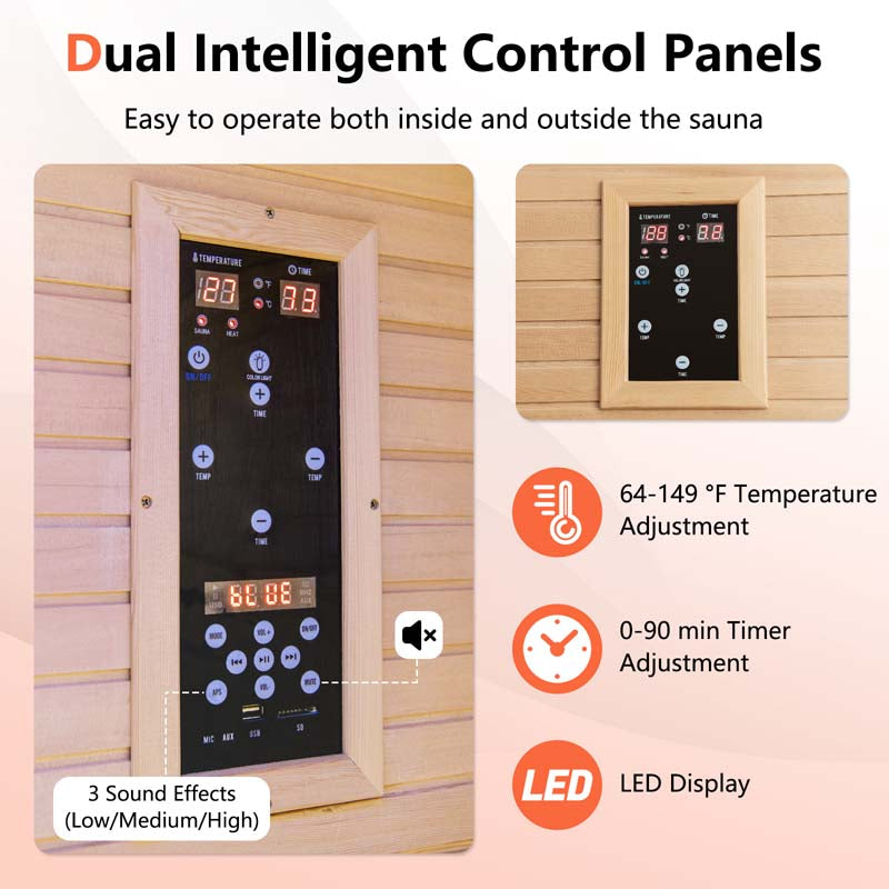 2-Person Far Infrared Wooden Sauna Room for Home, Canadian Hemlock Indoor Sauna w/Detachable Red Light Therapy Panel