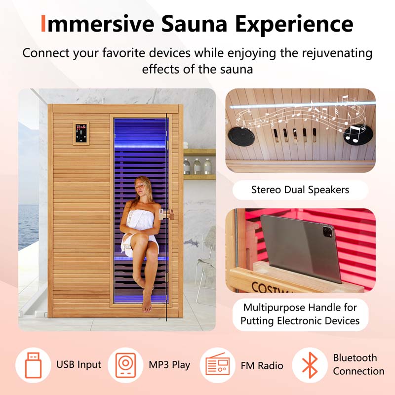 2-Person Far Infrared Wooden Sauna Room for Home, Canadian Hemlock Indoor Sauna w/Detachable Red Light Therapy Panel