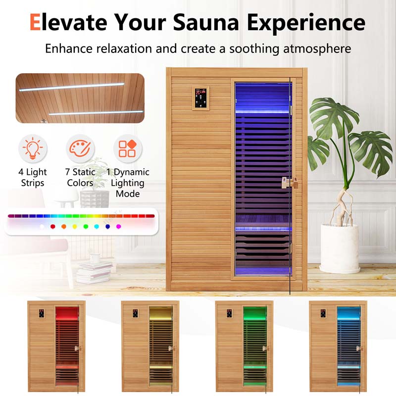 2-Person Far Infrared Wooden Sauna Room for Home, Canadian Hemlock Indoor Sauna w/Detachable Red Light Therapy Panel