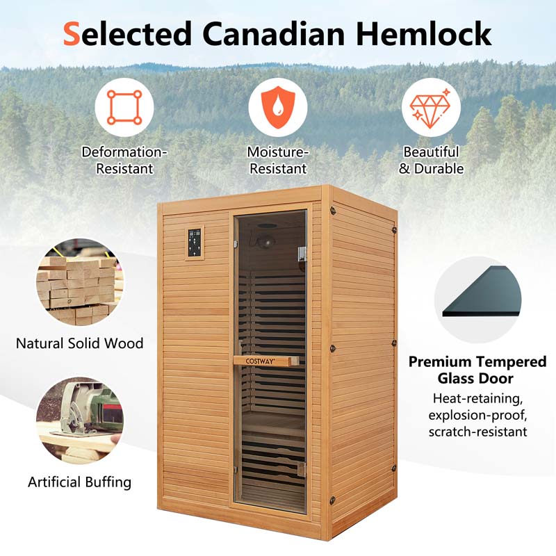 2-Person Far Infrared Wooden Sauna Room for Home, Canadian Hemlock Indoor Sauna w/Detachable Red Light Therapy Panel
