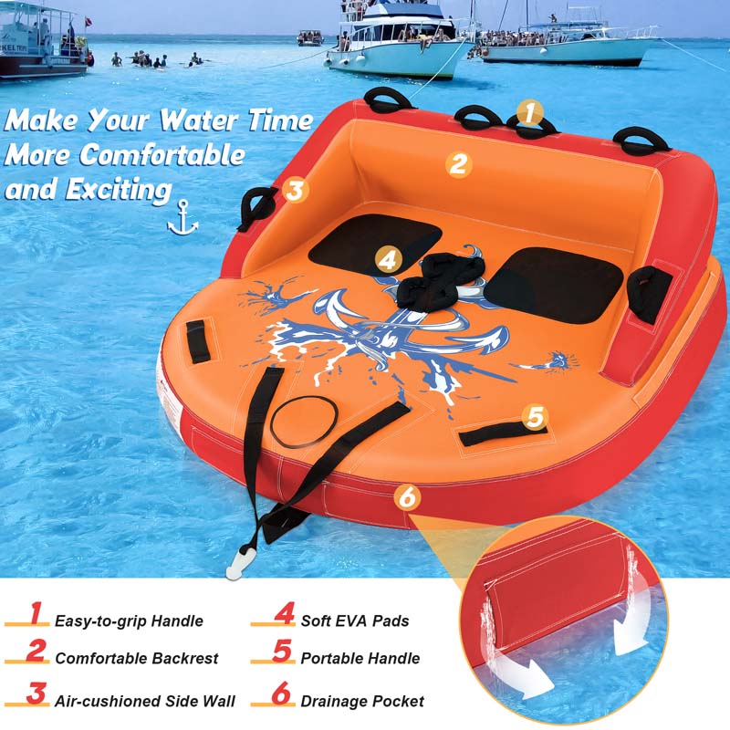 2-Person Water Sport Inflatable Towable Tubes for Boating, Sofa Style Boat Tube with Drainage, Dual Front & Back Tow Points