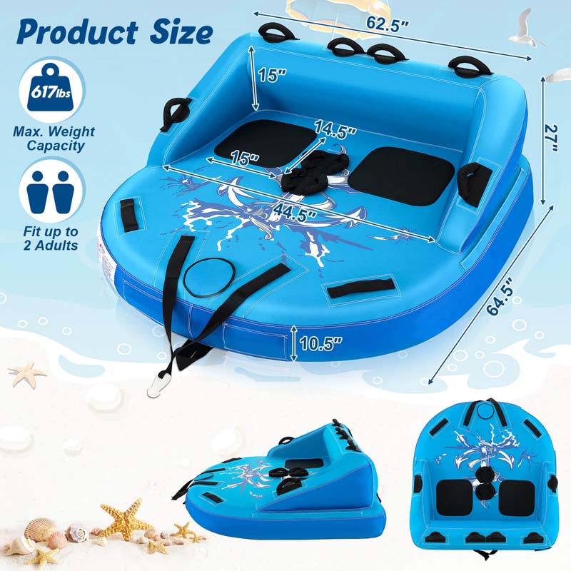 2-Person Water Sport Inflatable Towable Tubes for Boating, Sofa Style Boat Tube with Drainage, Dual Front & Back Tow Points