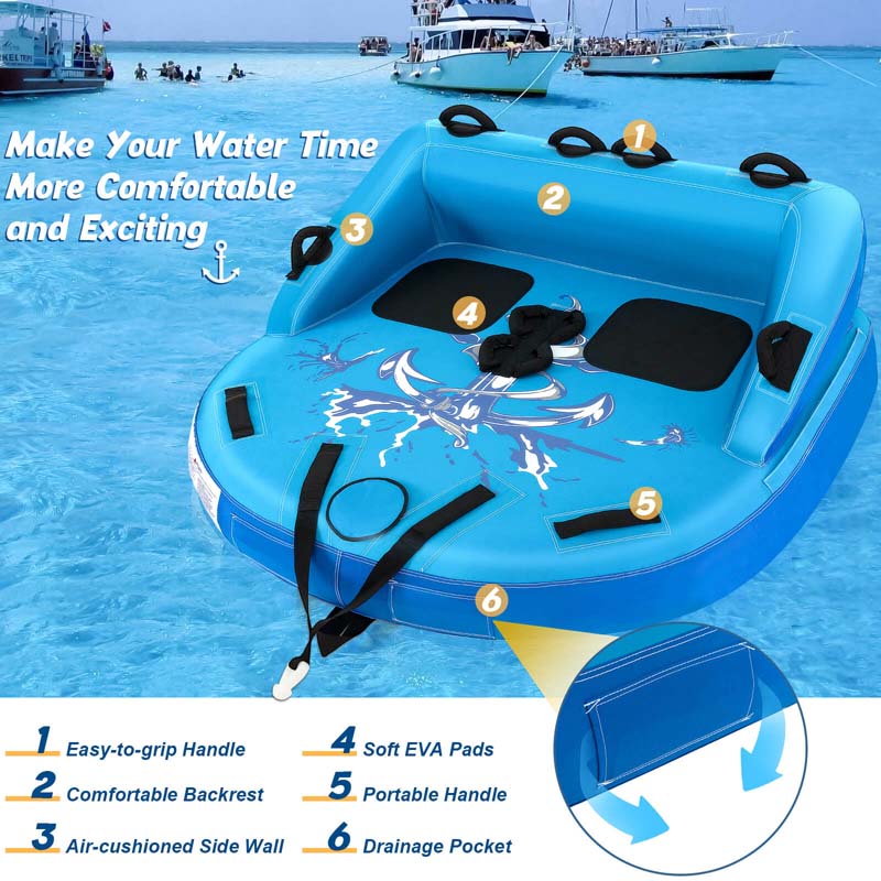 2-Person Water Sport Inflatable Towable Tubes for Boating, Sofa Style Boat Tube with Drainage, Dual Front & Back Tow Points