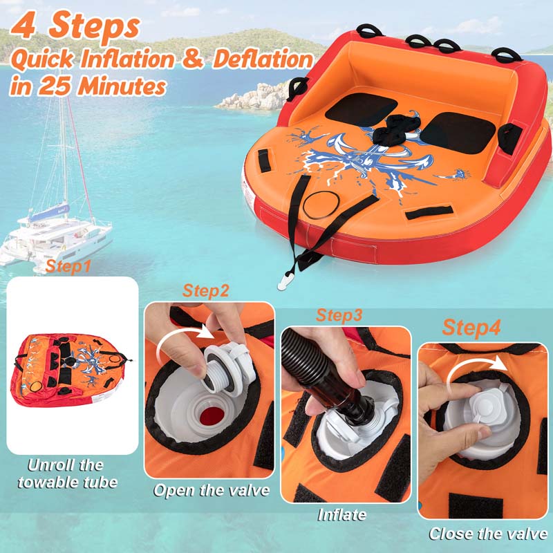 2-Person Water Sport Inflatable Towable Tubes for Boating, Sofa Style Boat Tube with Drainage, Dual Front & Back Tow Points