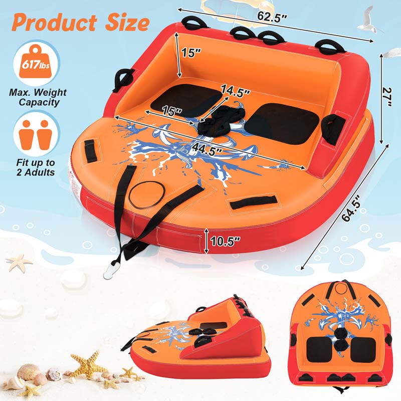2-Person Water Sport Inflatable Towable Tubes for Boating, Sofa Style Boat Tube with Drainage, Dual Front & Back Tow Points