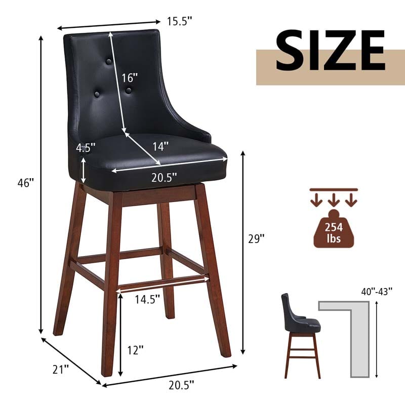 2-Pack 29" Upholstered Swivel Bar Stools with Button Tufted Backrest & Rubber Wood Legs