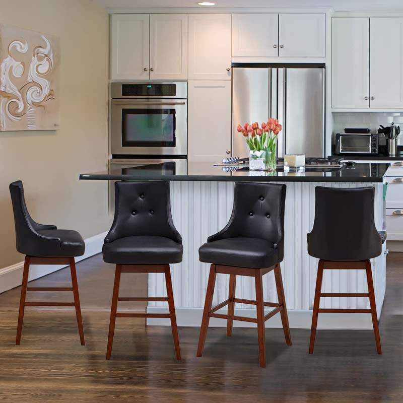 2-Pack 29" Upholstered Swivel Bar Stools with Button Tufted Backrest & Rubber Wood Legs