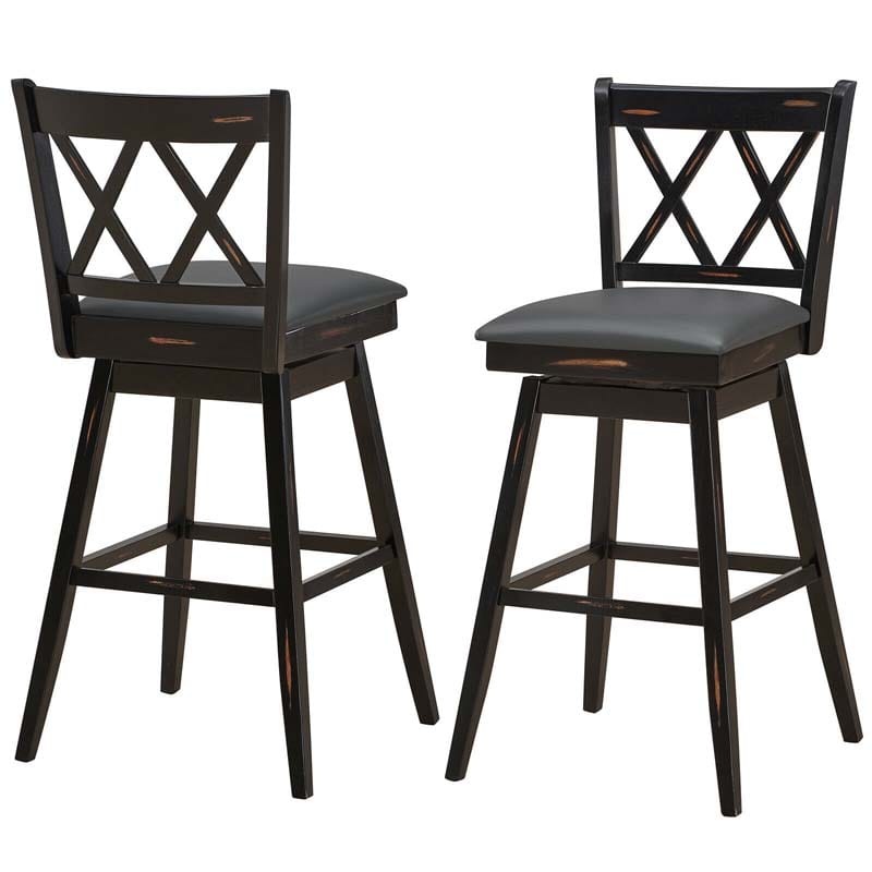 2 Pcs 29" Swivel Bar Stools with Back & Rubber Wood Legs, Upholstered Counter Height Bar Chairs for Pub