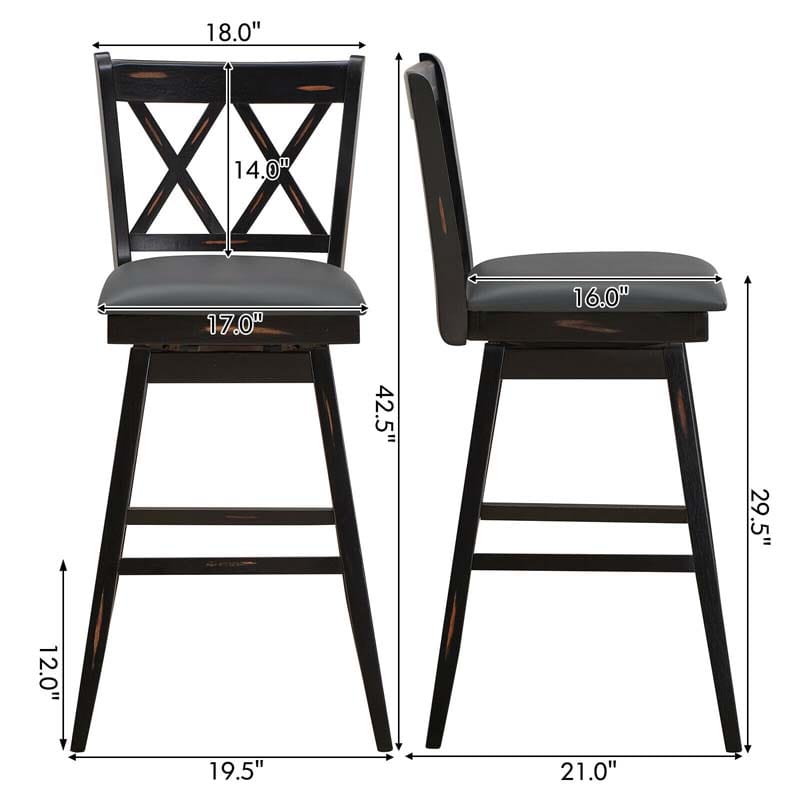 2 Pcs 29" Swivel Bar Stools with Back & Rubber Wood Legs, Upholstered Counter Height Bar Chairs for Pub