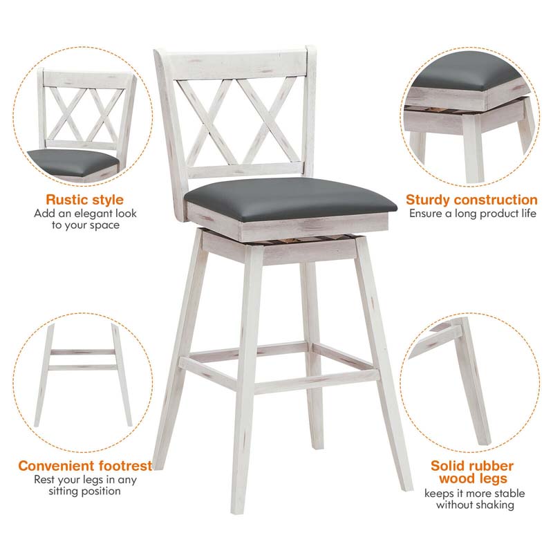 2 Pcs 29" Swivel Bar Stools with Back & Rubber Wood Legs, Upholstered Counter Height Bar Chairs for Pub