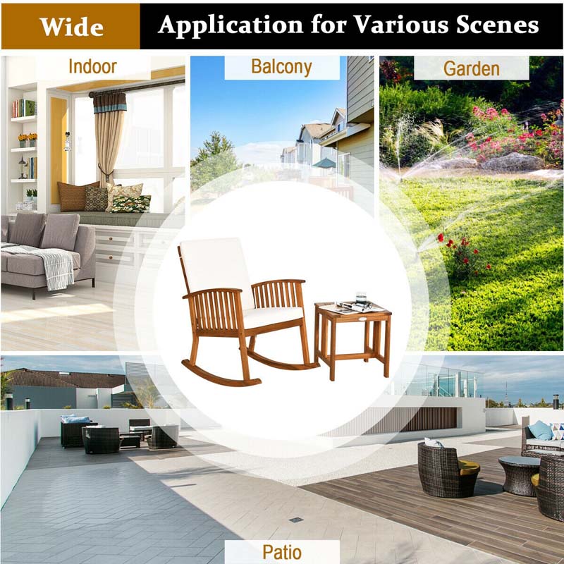 2 Pcs Acacia Wood Patio Rocking Chair Table Set with Thick Cushion, Outdoor Bistro Set Porch Rocker