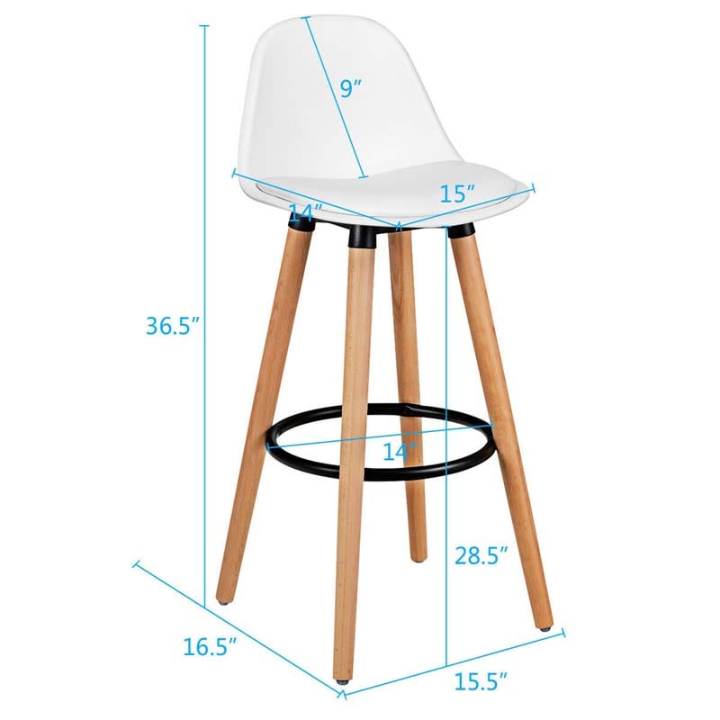 2 Pcs 28.5" Mid-Century Bar Stools Upholstered Counter Height Bar Chairs w/Curved Backrest & Metal Footrest