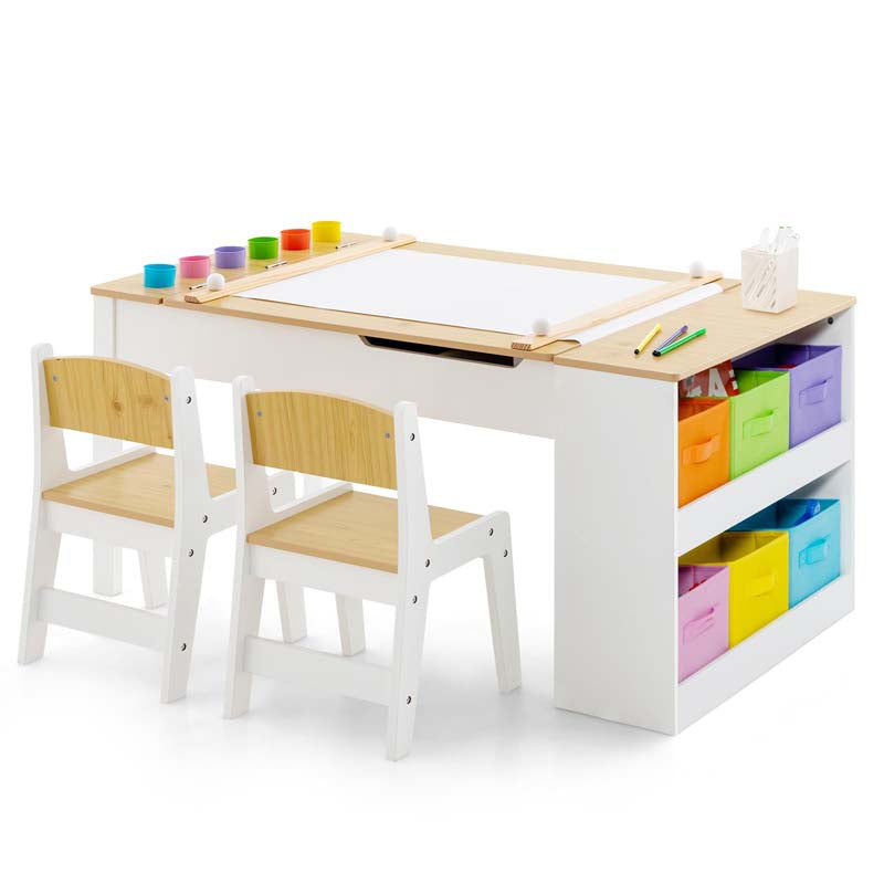 2-in-1 Kids Art Table Chair Set for Drawing Writing, Toddler Craft Play Wood Activity Desk w/2 Chairs Paper Roll Storage Canvas Bins