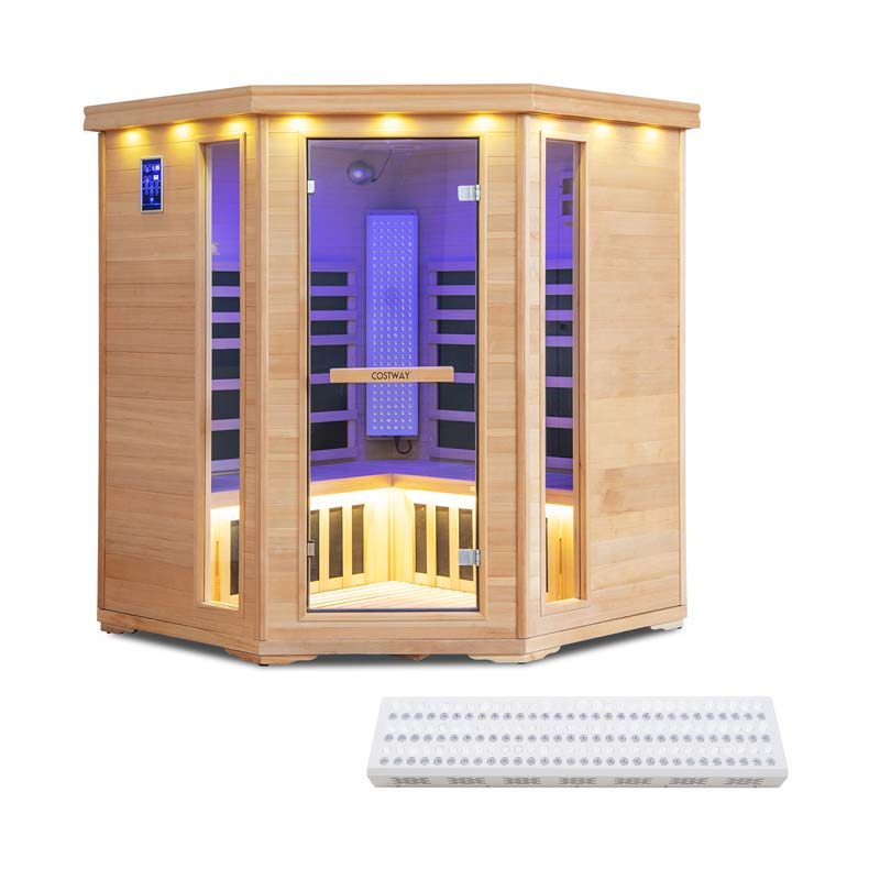 3-5 Person Far Infrared Wooden Sauna Room for Home, Canadian Hemlock Indoor Sauna w/Detachable Red Light Therapy Panel