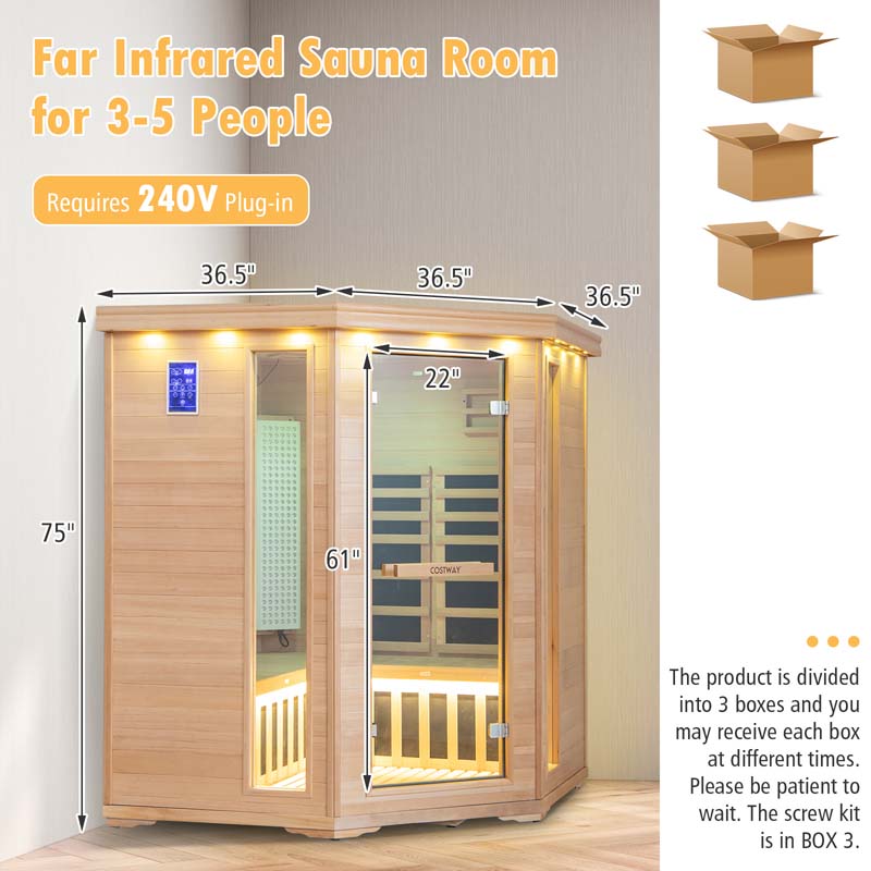 3-5 Person Far Infrared Wooden Sauna Room for Home, Canadian Hemlock Indoor Sauna w/Detachable Red Light Therapy Panel