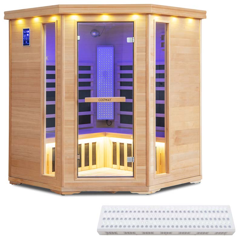 3-5 Person Far Infrared Wooden Sauna Room for Home, Canadian Hemlock Indoor Sauna w/Detachable Red Light Therapy Panel