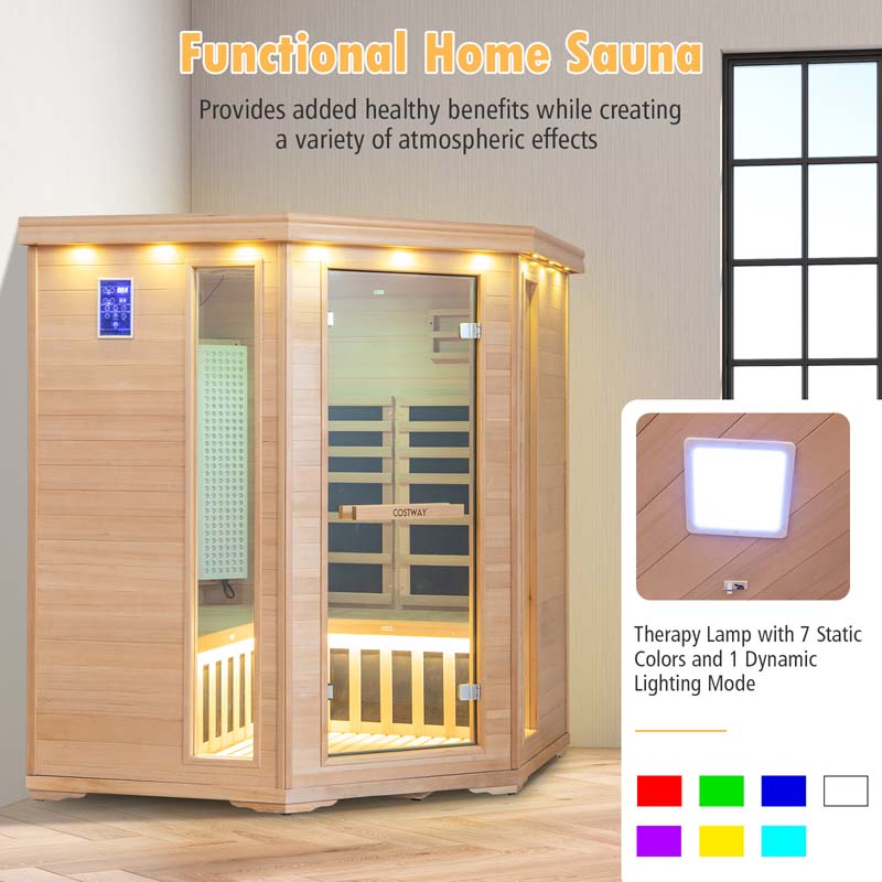3-5 Person Far Infrared Wooden Sauna Room for Home, Canadian Hemlock Indoor Sauna w/Detachable Red Light Therapy Panel