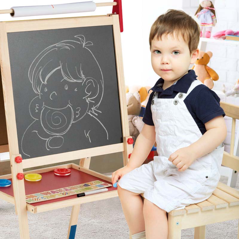 3-in-1 Wooden Height Adjustable Kid's Art Easel with Magnetic Chalkboard & Whiteboard, Paper Roll