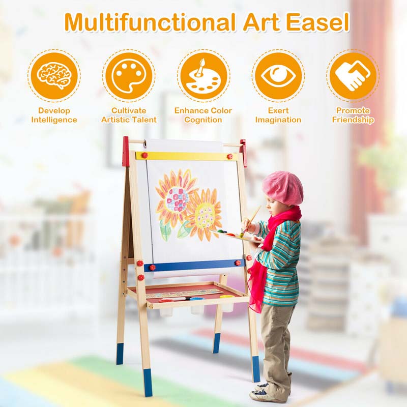 3-in-1 Wooden Height Adjustable Kid's Art Easel with Magnetic Chalkboard & Whiteboard, Paper Roll