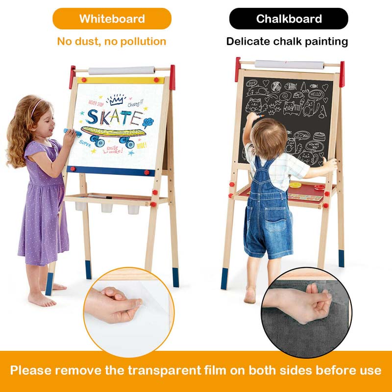 3-in-1 Wooden Height Adjustable Kid's Art Easel with Magnetic Chalkboard & Whiteboard, Paper Roll