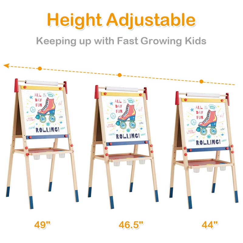 3-in-1 Wooden Height Adjustable Kid's Art Easel with Magnetic Chalkboard & Whiteboard, Paper Roll