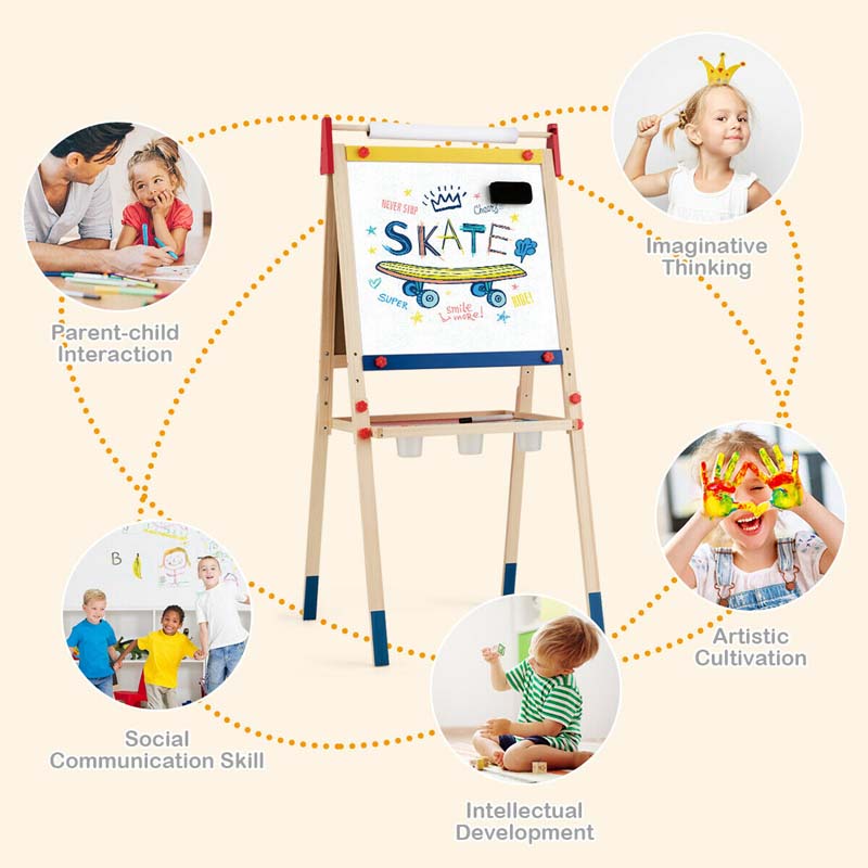 3-in-1 Wooden Height Adjustable Kid's Art Easel with Magnetic Chalkboard & Whiteboard, Paper Roll