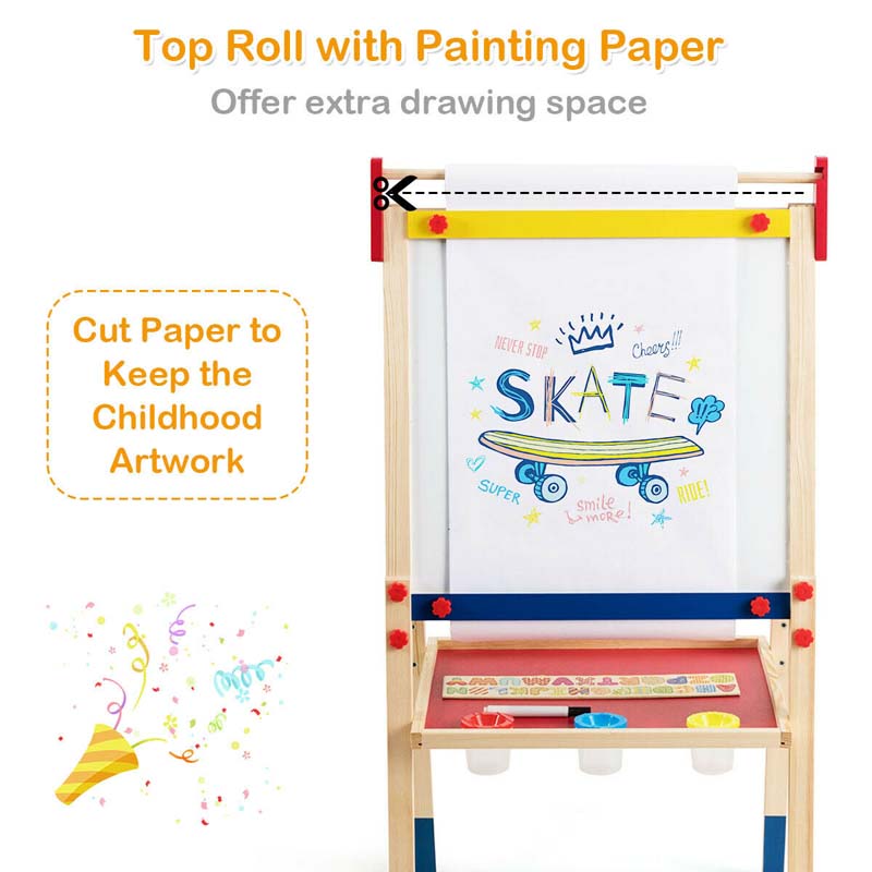 3-in-1 Wooden Height Adjustable Kid's Art Easel with Magnetic Chalkboard & Whiteboard, Paper Roll