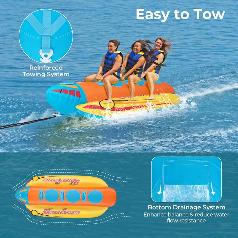 3-Person Inflatable Banana Boat with 3 EVA-padded Seats and Handles, Water Sports Towable Tubes for Boating