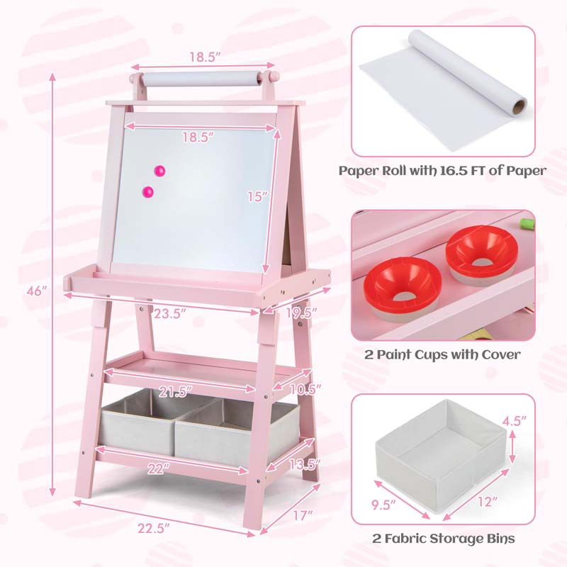 3-in-1 Double-Sided Kids Art Easel, Wooden Storage Toddler Easel with Magnetic White Board & Chalkboard, Paper Roll, Painting Dry Erase