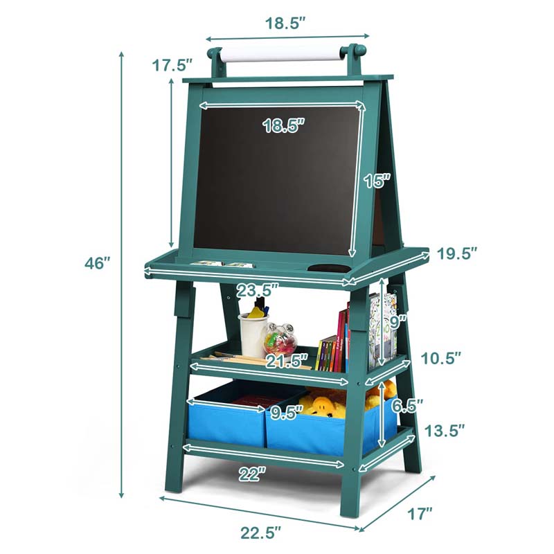 3-in-1 Double-Sided Kids Art Easel, Wooden Storage Toddler Easel with Magnetic White Board & Chalkboard, Paper Roll, Painting Dry Erase