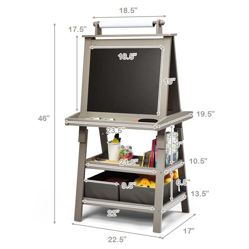 3-in-1 Double-Sided Kids Art Easel, Wooden Storage Toddler Easel with Magnetic White Board & Chalkboard, Paper Roll, Painting Dry Erase