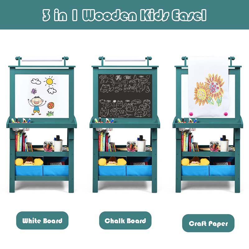 3-in-1 Double-Sided Kids Art Easel, Wooden Storage Toddler Easel with Magnetic White Board & Chalkboard, Paper Roll, Painting Dry Erase