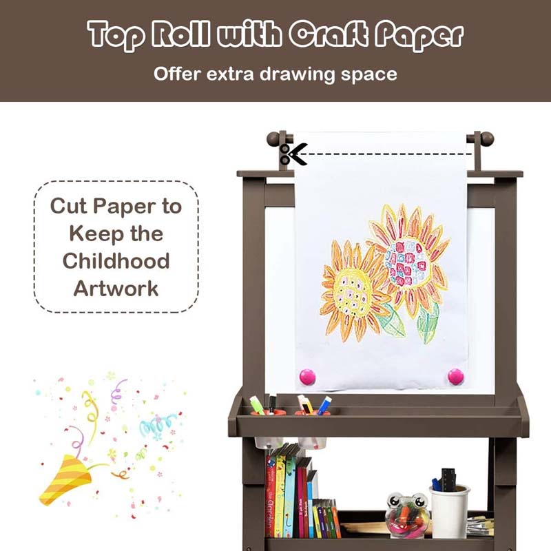 3-in-1 Double-Sided Kids Art Easel, Wooden Storage Toddler Easel with Magnetic White Board & Chalkboard, Paper Roll, Painting Dry Erase