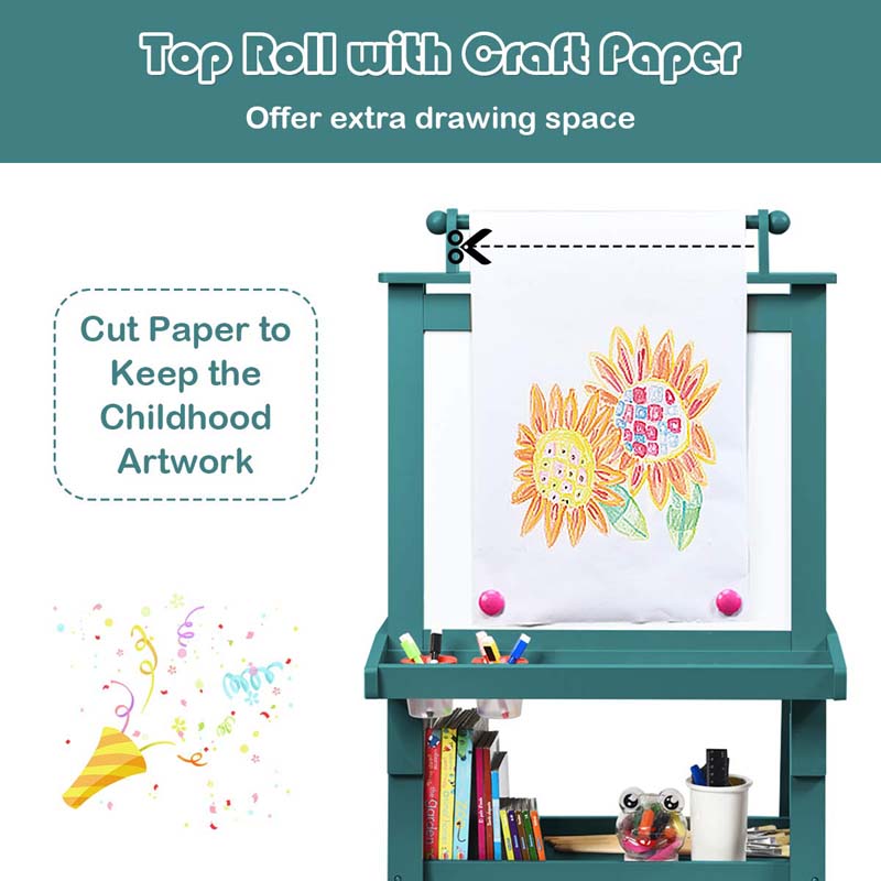 3-in-1 Double-Sided Kids Art Easel, Wooden Storage Toddler Easel with Magnetic White Board & Chalkboard, Paper Roll, Painting Dry Erase