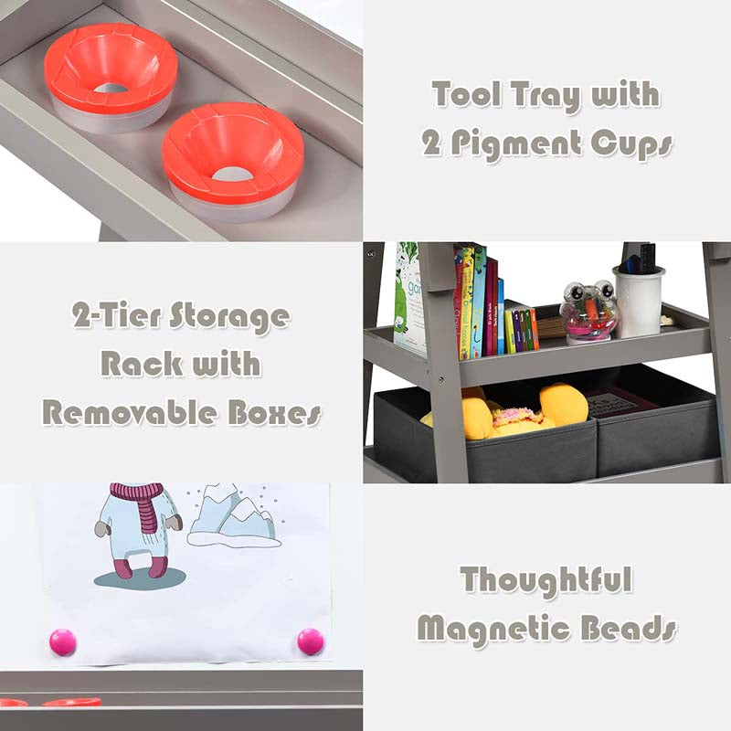 3-in-1 Double-Sided Kids Art Easel, Wooden Storage Toddler Easel with Magnetic White Board & Chalkboard, Paper Roll, Painting Dry Erase