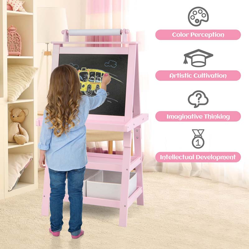 3-in-1 Double-Sided Kids Art Easel, Wooden Storage Toddler Easel with Magnetic White Board & Chalkboard, Paper Roll, Painting Dry Erase