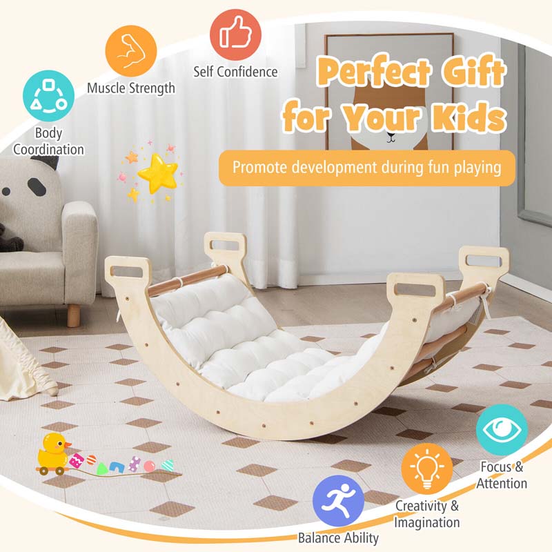 3-in-1 Kids Climber Ladder & Rocker Board with Cushion Pad, Wooden Ladder Arch Climbing Toy for Toddlers
