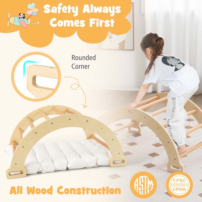 3-in-1 Kids Climber Ladder & Rocker Board with Cushion Pad, Wooden Ladder Arch Climbing Toy for Toddlers